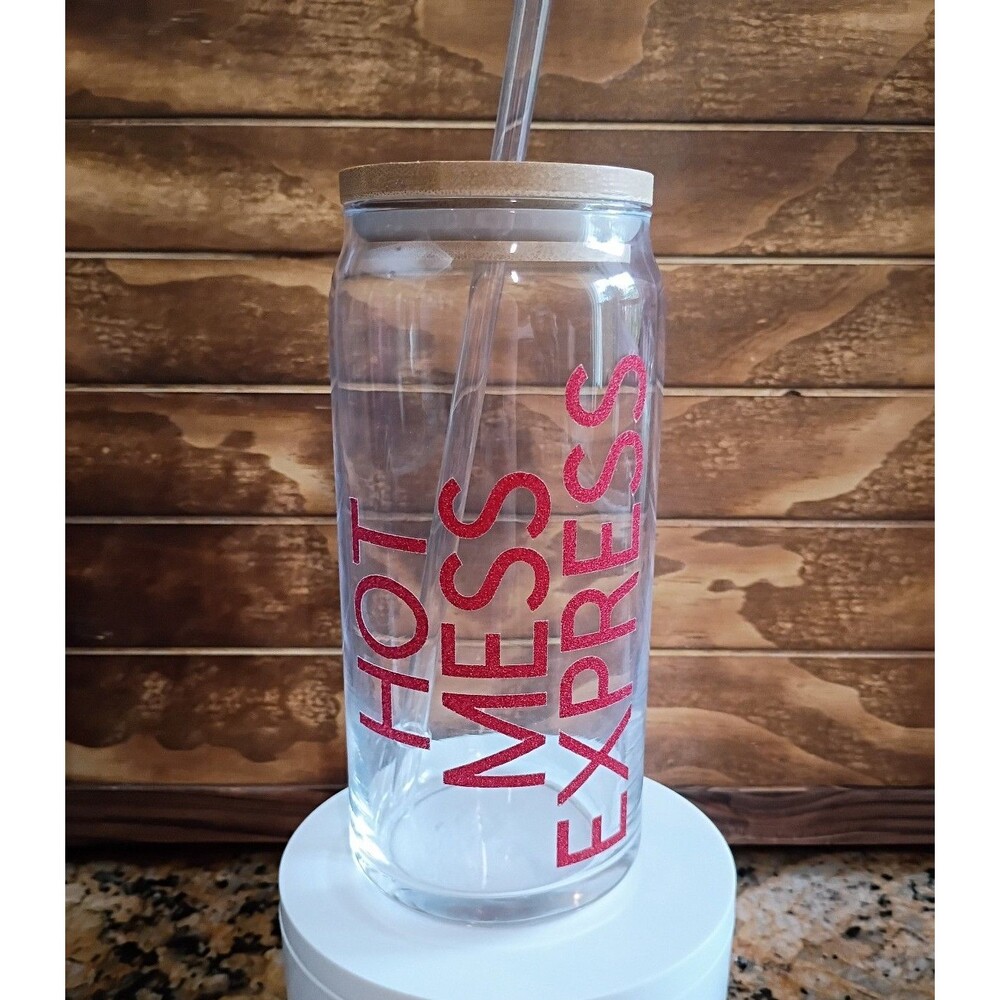 Hot Mess Express 20oz Glass Cup Funny Iced Coffee Cup Bamboo Lid Glass Can
